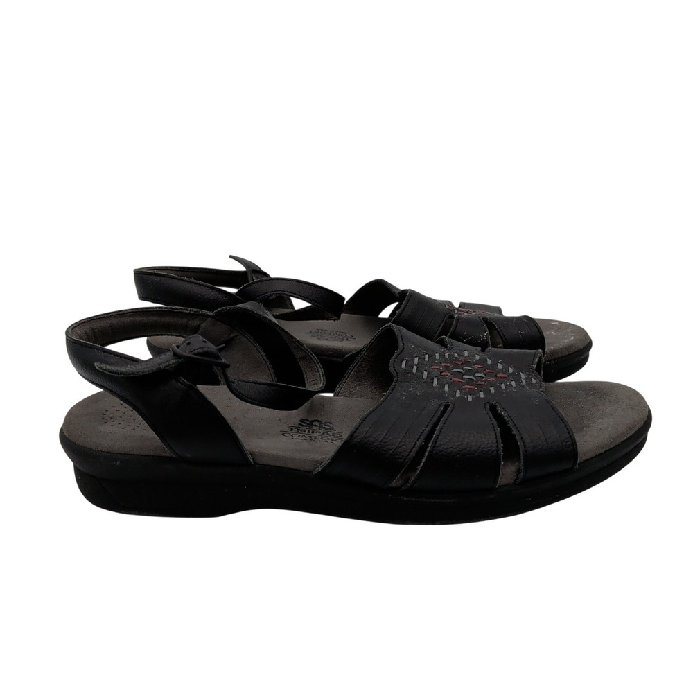 SAS Huarache Quarter Strap Sandal Black Leather Comfort Wedge Shoes Womens 10 M